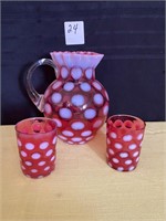 Cranberry Opalescent Coin Dot Pitcher ++