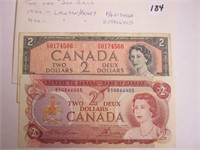 2 Canadian Two Dollar Bills (1954 & 1974)