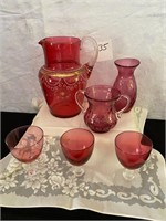 Cranberry Glass Pitcher, Vase, Glasses, +