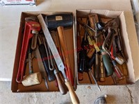 2 Flats of Tools, Pipe Wrench, Mallet, Screwdriver