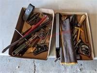 2 Flats of Tools, Crow Bars, Pipe Wrench, Tape Mea