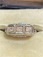 14K White Gold Three Diamond Filigree Ring