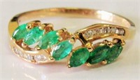 14KT Gold Marquise Cut Emeralds & Diamonds Ring