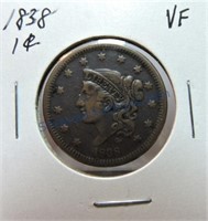 1838 large cent, VF