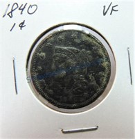 1840 large cent, VF