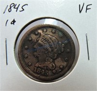 1845 large cent, VF