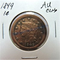 1849 large cent, AU cleaned