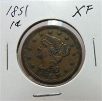 1851 large cent, XF