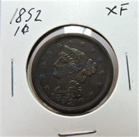 1852 large cent, XF