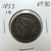 1853 large cent, VF30