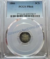 1864 Three cent silver, PCGS PR64