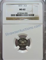 1870 Three cent silver, NGC MS62