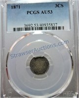 1871 Three cent silver, PCGS AU53