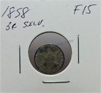 1858 Three cent silver, F15