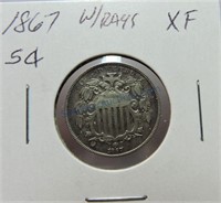 1867 Shield nickel, with rays, XF
