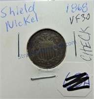 1868 Shield nickel, VF30
