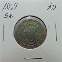 1869 Shield nickel, AU