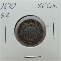 1870 Shield nickel, XF, corroded