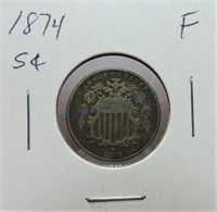 1874 Shield nickel, F
