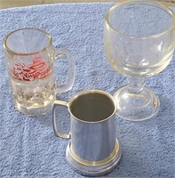 Large Stemmed Glass and (2) Steins