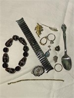 Lot of Assorted Jewelry Pieces, Watch Band, Spoon