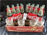 Wood Coke Case 16 Coke Bottles & 4 Coke Glasses