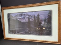 Large Mountain Cabin Print Oak Frame