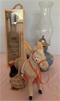 899 - HURRICANE LAMP, BOTTLE SET, DONKEY FIGURINE