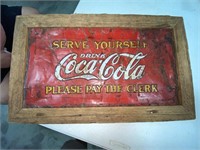 Metal Coca Cola Sign in Wood Frame 26-1/2"L x 16"H