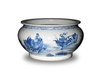 Chinese Blue and White Pottery Bowl with 18 Luohan