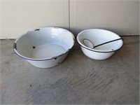 2 ENAMEL WASH TUBS & DIPPER