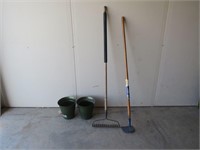 RAKE, GARDEN HOE & PLANTERS