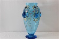 Antique Hand Blown Floral Blue Glass Vase
