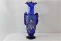 Antique Art Nouveau Blue Glass Handled Vase