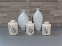 3 CANISTERS & 2 VASES