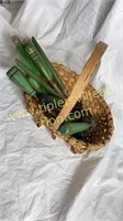 Vintage green wood handle utensils in hand woven
