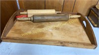 Wooden tray with 3 rolling pins