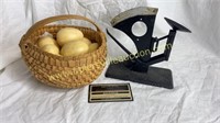 Egg scales and split oak basket with ceramic eggs