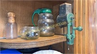 Vintage spice grinder, syrup pitcher, and other