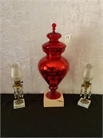 Red Foil Glass Lidded Candy Dish, 2 Bedside Lamps