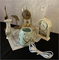 Clocks, Brass Birds, Vase, Dresser Light