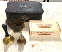 Miniature brass bells, cigar box, coal hod and