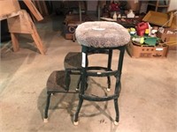 Antique Metal Step Stool with Carpeted Top
