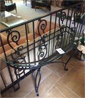 black cast iron entry table with glass top
