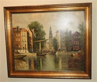 Framed Oil on Canvas of Downtown Harbor signed