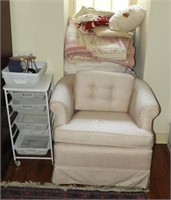 Upholstered lounge chair and Qty of linens