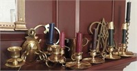 Brass lot: Baldwin candlesticks, brass trivet