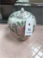 Asian white pink green floral vase & lid 2 pieces