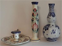 Quimper candlestick, Quimper 9” bud vase, and