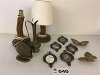 DRIFTWOOD LAMPS, WALL PLAQUES, BRASS BOOKENDS,